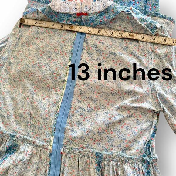Vintage 1970s Large Handmade Blue Cotton Floral Prairie Dress, Cottagecore Lace - Picture 10 of 16